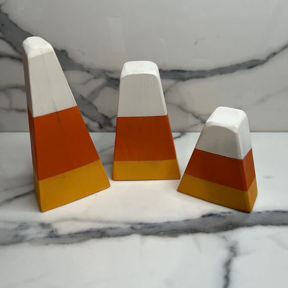 Set of 3 Wood Candy Corn Chunky Wood Halloween Fall Table Decor - Picture 2 of 3